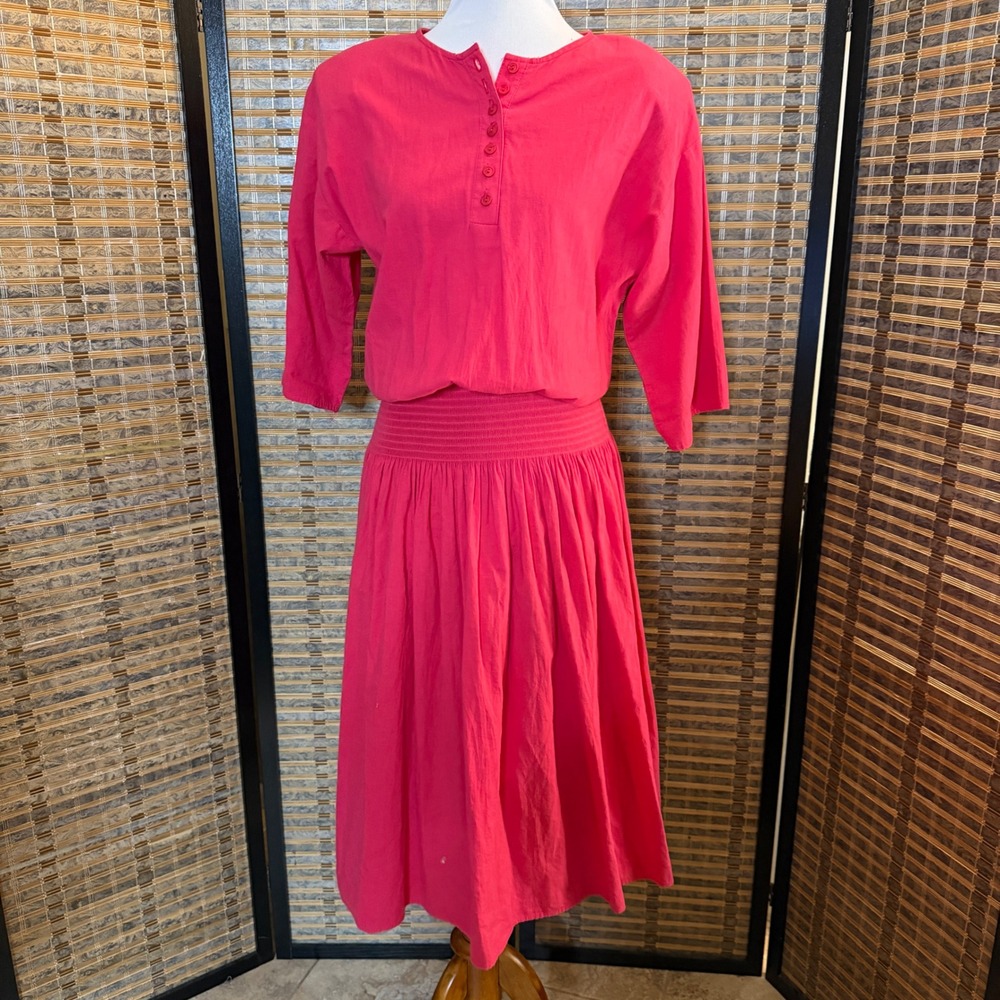 Walden Classics Dress Women 8 Pink Vintage Smocked Waist Henley Cotton Midi